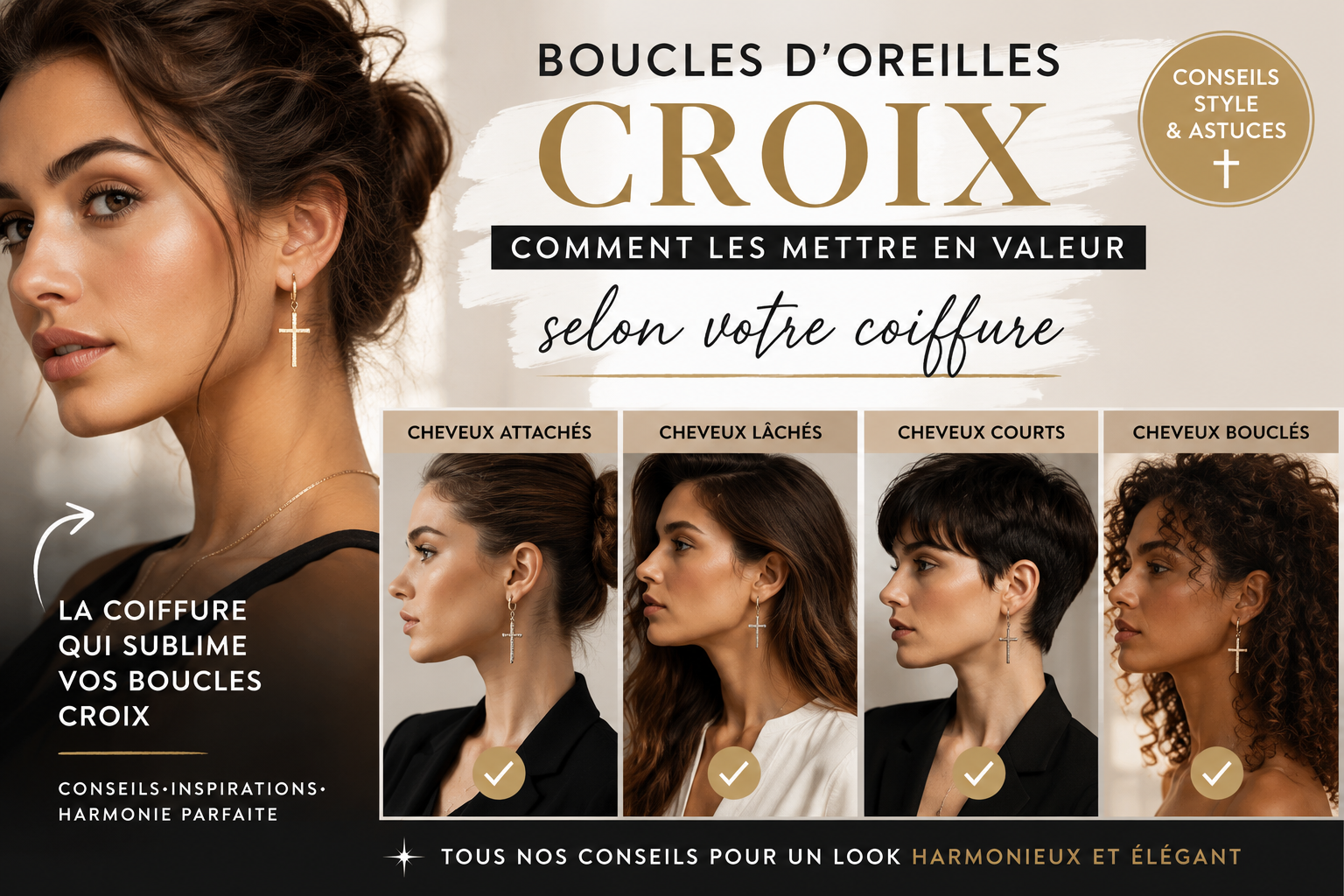 Boucles d’oreilles croix femme : comment les mettre en valeur selon votre coiffure