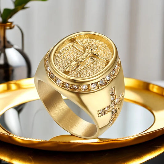 Bague acier croix or