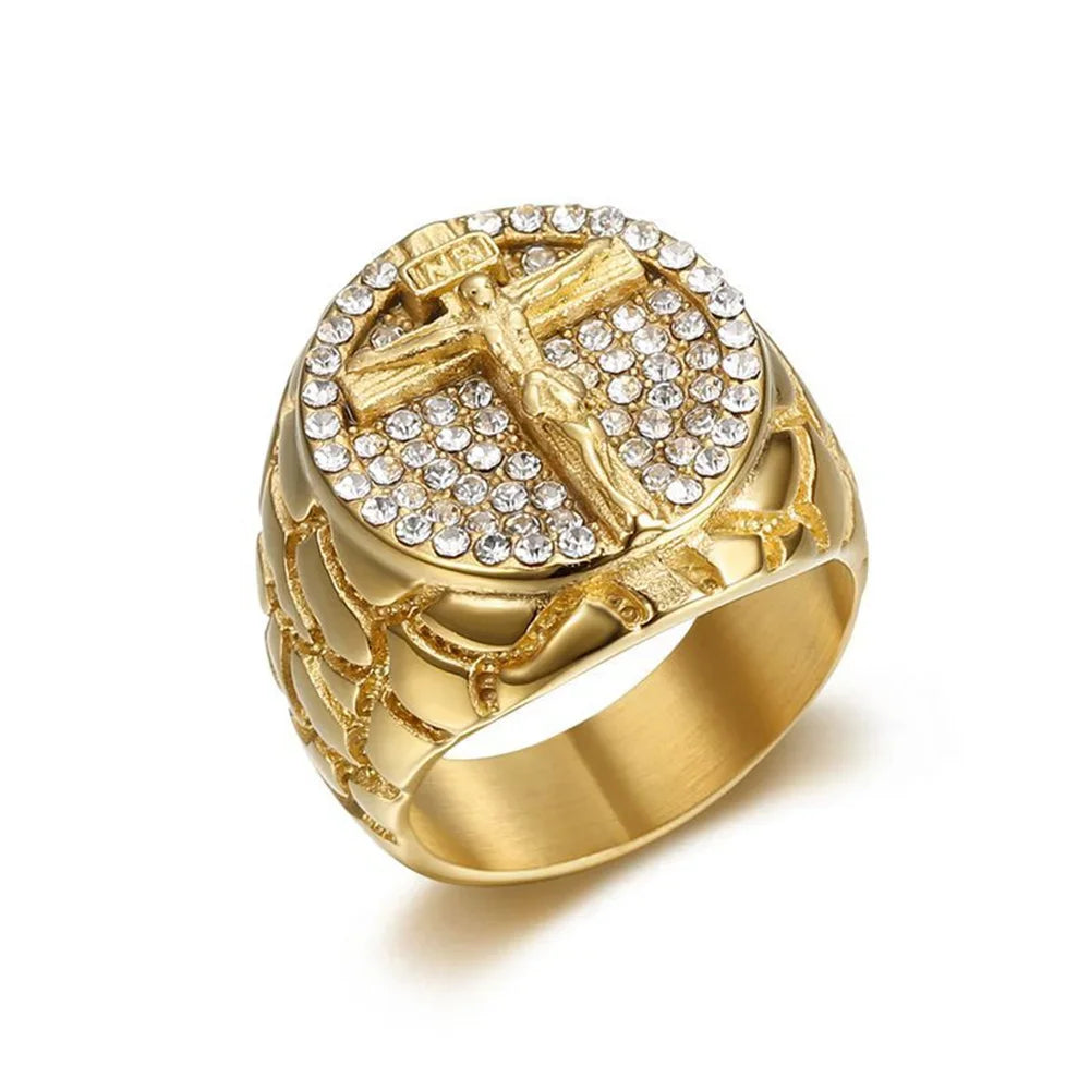 Bague acier croix or